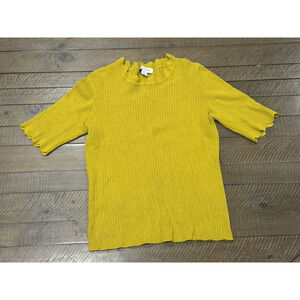 Calligraphie Mustard Yellow Scalloped Neck Sweater Short Sleeves Women's Size L